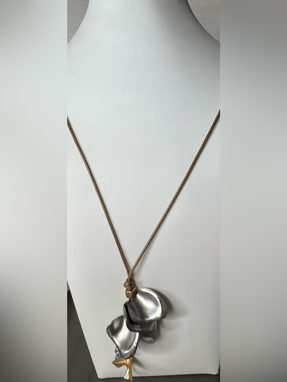 J. Jill Silver-Tone Petal Pendant Necklace with Brown Cord hummingbird boho